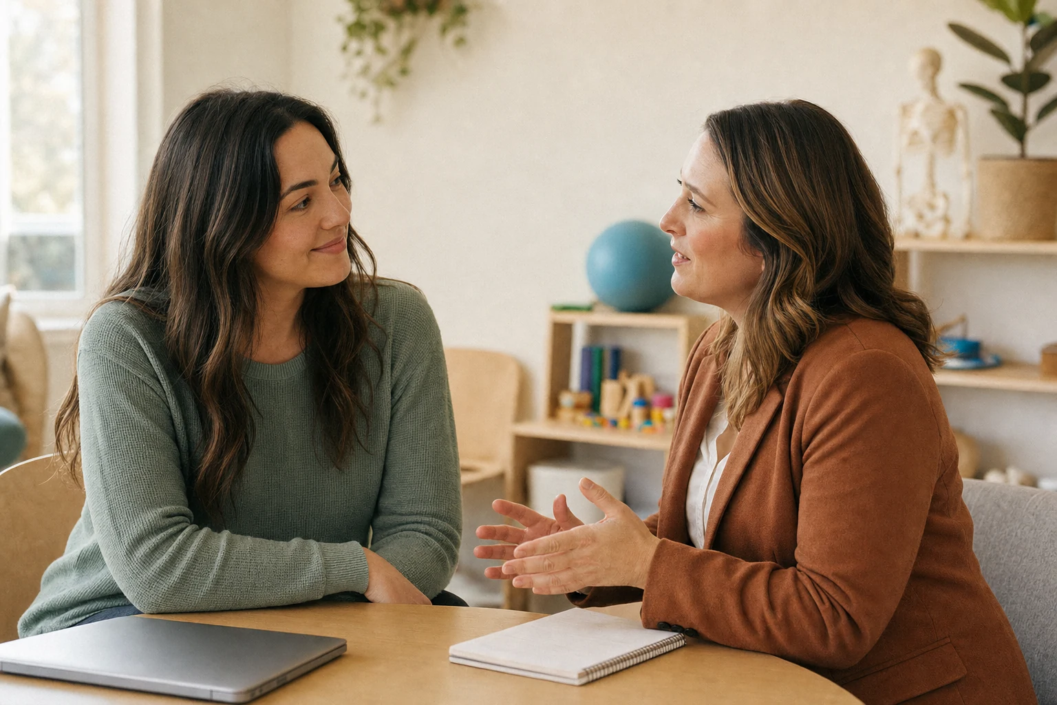 An account manager having a warm, focused conversation with an occupational therapist in her practice