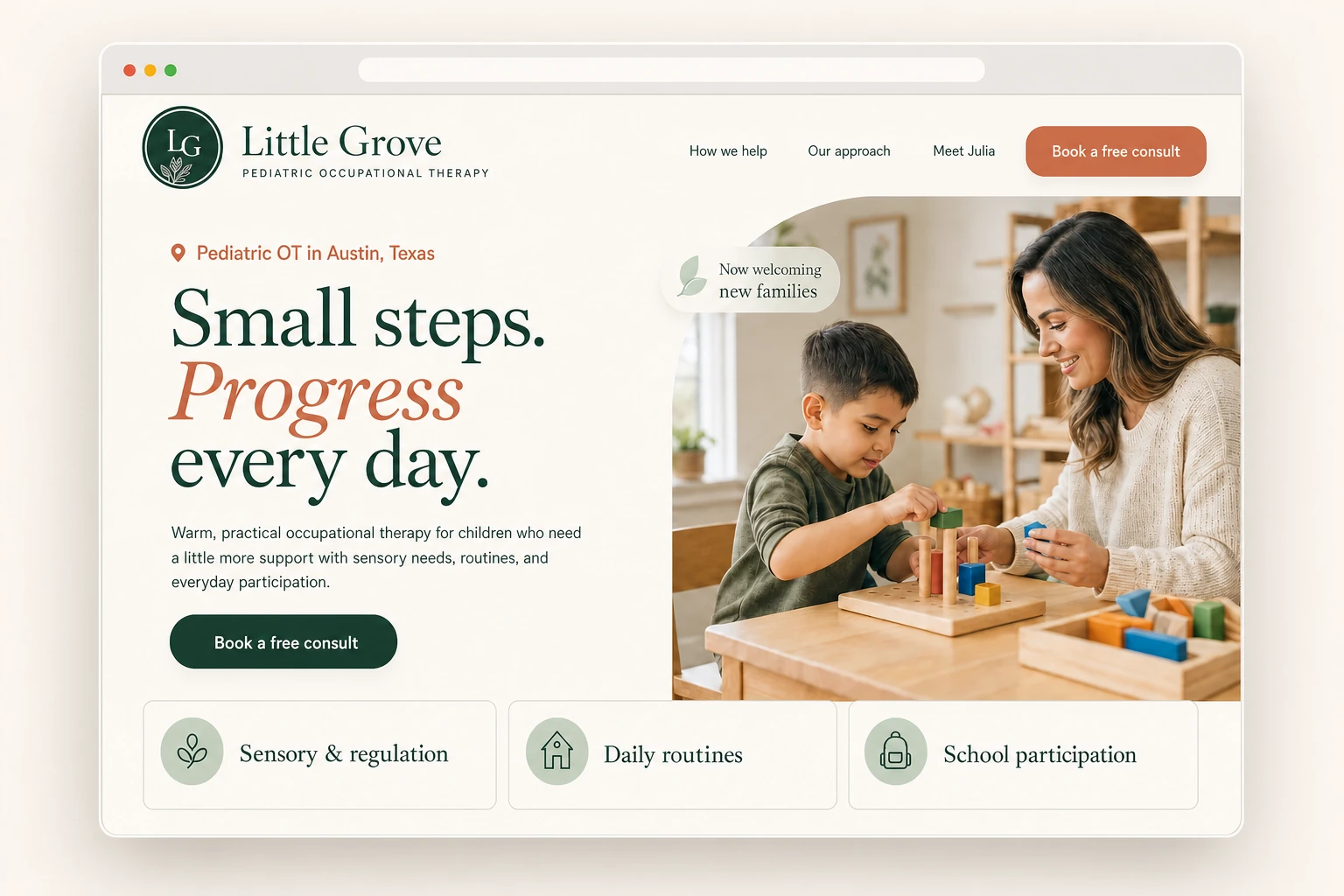 Little Grove pediatric occupational therapy website concept, with a calm editorial design and a welcoming therapy session